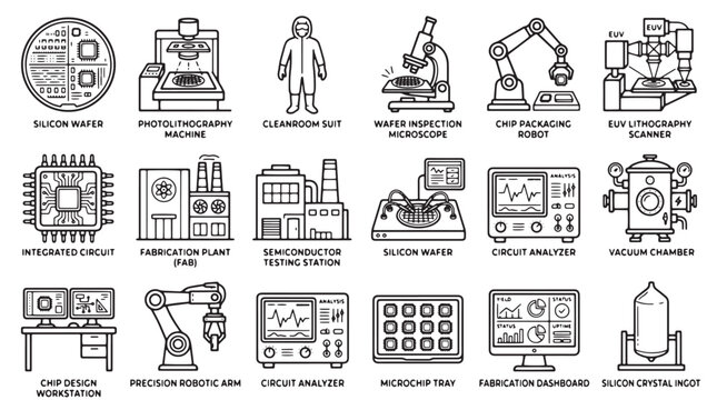 Semiconductor manufacturing icons set, 18 microchip production line vector elements, silicon wafer and integrated circuit fabrication equipment