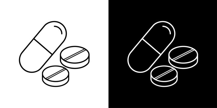 薬のカプセルと錠剤を表す白黒線画アイコンセット