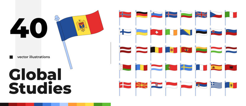 European country flags on flagpoles 2D cartoon clip art pack. International relations. EU member states. Tricolor and bicolor isolated flat vector elements on white background. Spot illustration set