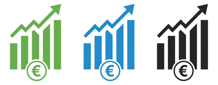 Bar chart icon featuring colorful graphs, upward arrows, euro currency signs, financial growth concept, analytics symbols, and vector illustration.