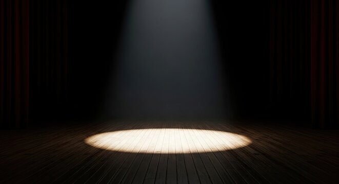 Empty theater stage with single bright spotlight