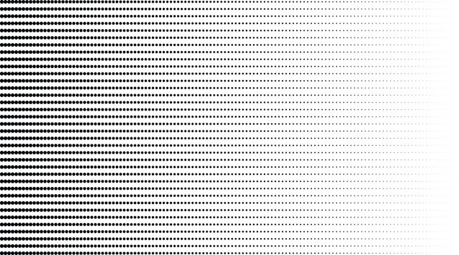 Horizontal halftone dot pattern with black circular shapes on a white background, for abstract and, geometric textures