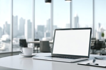 Fototapeta premium Modern Office Workspace with Laptop and City View