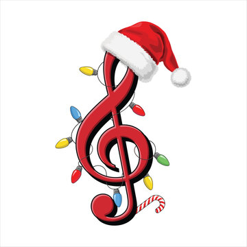 Red Treble Clef with Santa Hat and Christmas Lights