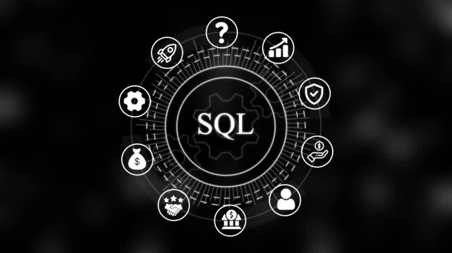 Sql database management system interface with rotating digital and network connectivity concept software