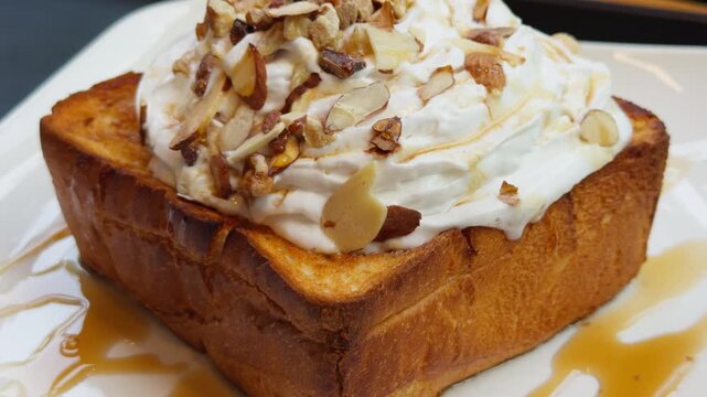Korean Thick Toast Dessert with Cream and Toppings Close-Up Cafe Style