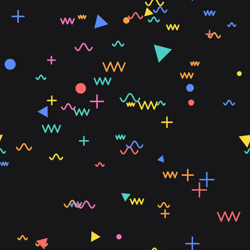 Memphis style 80s seamless pattern with bright confetti shapes on black