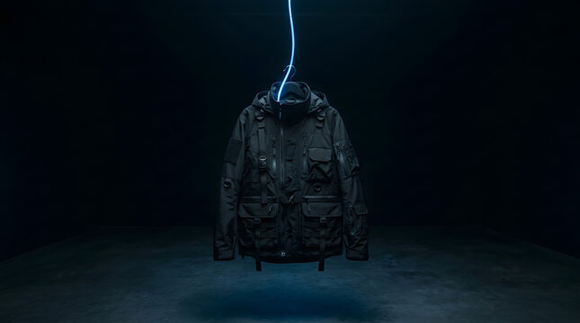 Mysterious hooded figure with glowing blue energy in dark room.