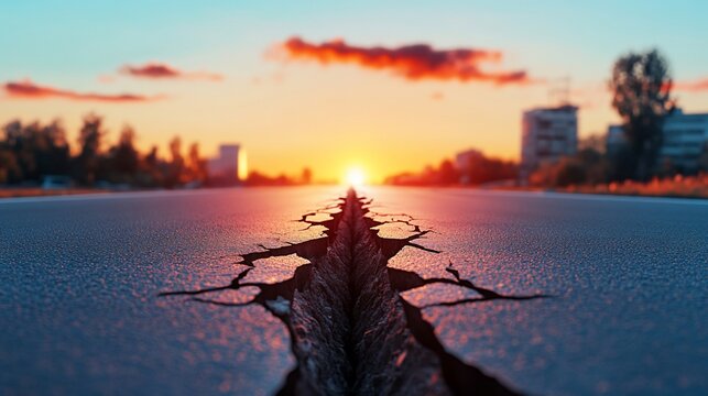 A deep crack splits a road towards the sunset, with buildings and trees blurred in the distance