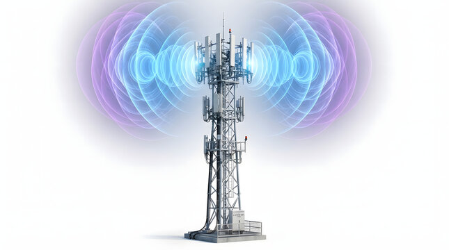 5G network tower transmitting data waves. Futuristic telecom antenna emitting high-speed signal beams for global connectivity.