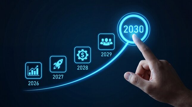 A hand interacting with a futuristic digital interface displaying a timeline from 2026 to 2030 with various icons