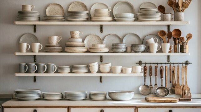 A well-organized kitchen with a white wall and wooden shelves holding a variety of ceramic dishes, including bowls, plates, and mugs, along with a hanging rack of wooden utensils.