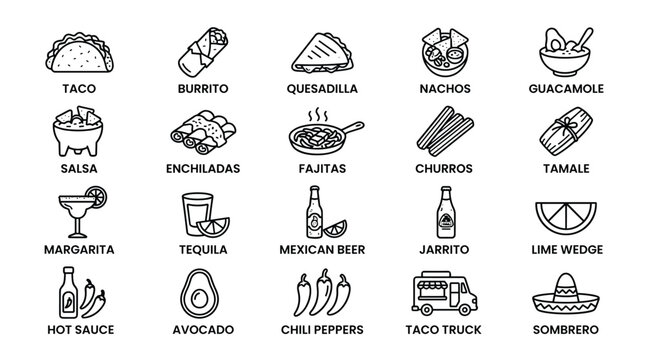 Mexican food and culture icon set featuring taco burrito quesadilla nachos guacamole salsa enchiladas fajitas churros tamale margarita tequila beer and more items.
