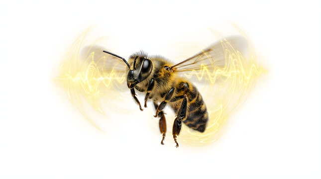 Honey bee flying with dynamic motion blur effects. Insect pollinator illustration with vibrant wing vibration waves for commercial design.