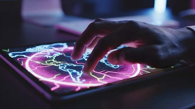 Person using digital tablet with glowing world map and colorful lines in dark environment technology concept