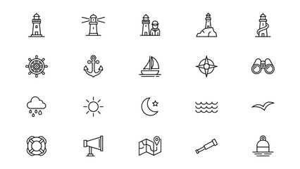 Set of minimalist line icons depicting nautical maritime travel and weather elements with transparent background © Nancy