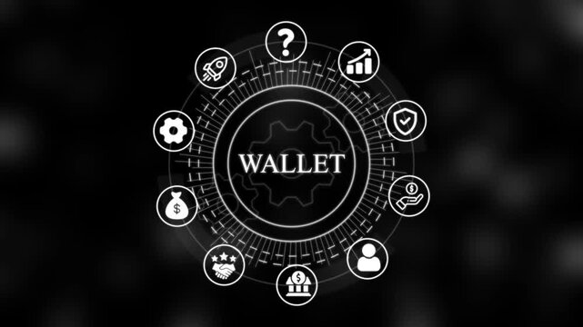 Digital wallet technology interface with financial and rotating hud for fintech and cryptocurrency concepts