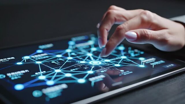 Close up of hand interacting with futuristic digital network interface on tablet screen technology concept