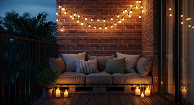 Cozy balcony lounge at night with string lights, outdoor pallet sofa with cushions on a brick wall terrace, warm evening patio ambiance
