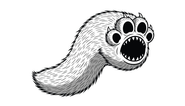 Monster hand with a sharp toothed mouth inside the furry paw vector illustration on white background.