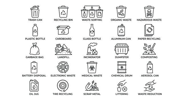 Waste management and recycling icons set featuring various containers and sorting symbols for eco friendly disposal programs in simple black line art illustration.