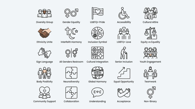 Diversity and inclusion icons for social equity representing gender equality lgbtq pride disability accessibility community support and cultural integration set.