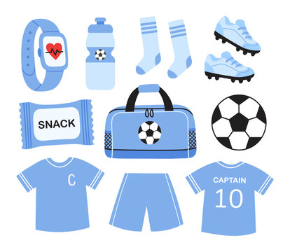Soccer equipment set featuring jersey, shorts, cleats, ball, sports bag, water bottle, smartwatch, socks and snack. Ideal for football, fitness, training and sports design