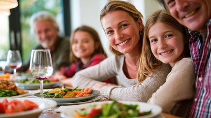 Obraz premium A family enjoying a meal together at a dining table, with a glass of wine and a plate of food in the foreground.