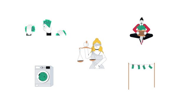 Money laundering and biased justice cartoon animation set. Financial crime. Drying banknotes. Cash washing animated characters, objects cartoon flat collection 4K video isolated on transparent