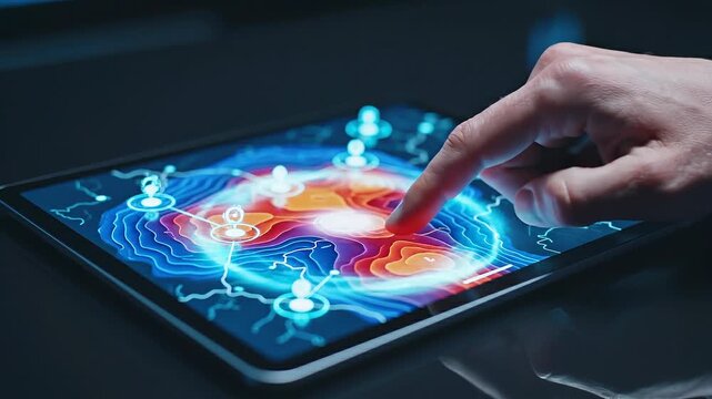 Hand interacting with a digital tablet displaying colorful topographic map with location markers and network connections