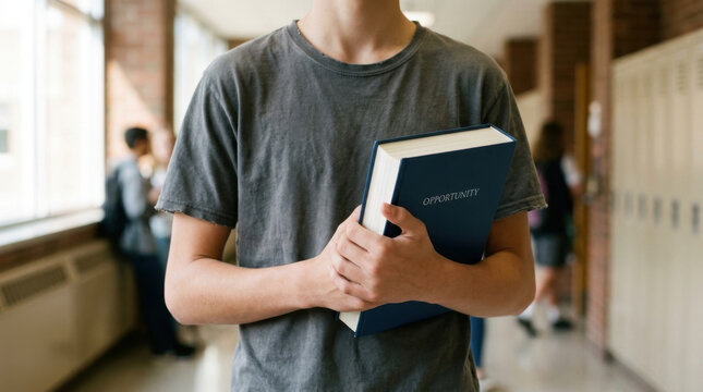 Student with book in school hallway, dropout prevention concept, concern and opportunity