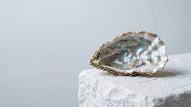 A shiny, iridescent oyster shell rests on a textured white stone surface against a plain light gray background.