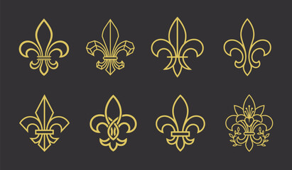 Luxury gold fleur de lis vector set on black background with heraldic lily flower elements © duygu