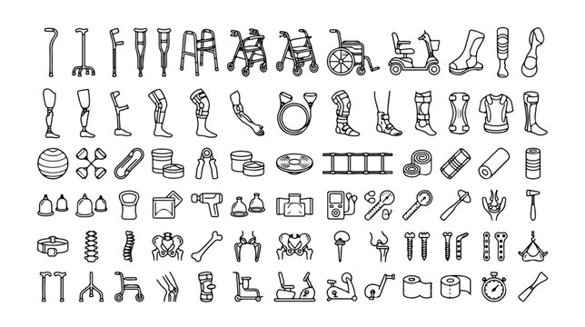Set of 100 Medical Rehabilitation and Disability Devices Line Icons Vector isolated PNG with Transparent Background