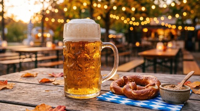 Beer stein and pretzel on checkered napkin in a warmly lit beer garden