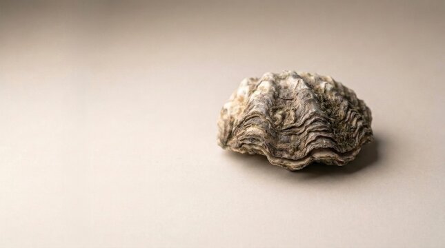 A single oyster shell with textured, layered patterns rests on a smooth, neutral-toned surface.