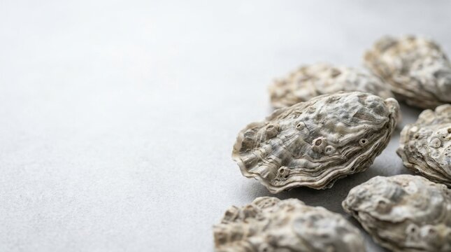 Close-up of several raw oysters with textured shells on a light surface, highlighting their natural rough patterns and organic shapes.