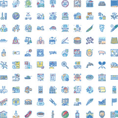 Fototapeta premium Hand drawn colorful icon set depicting technology, health, data, nature, food, sports, transport and everyday objects versatile sketch style visuals for diverse projects