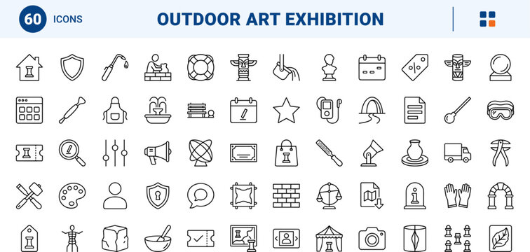 Sculpture park website line icon set. Vector pictograms of artwork, exhibition, outdoor, and museum elements, thin linear illustration.