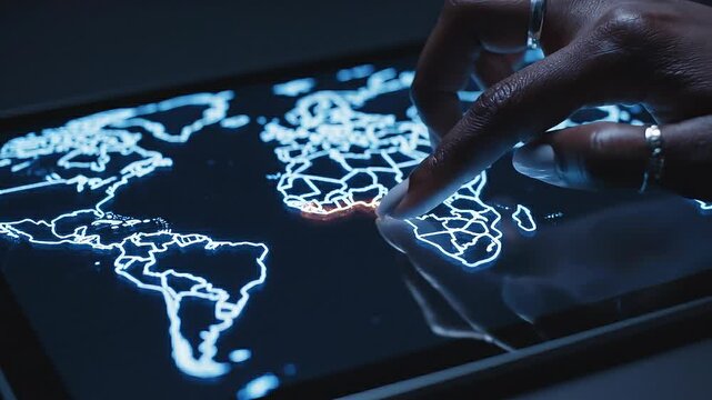 Futuristic digital glowing world map on tablet with hand pointing at location technology concept