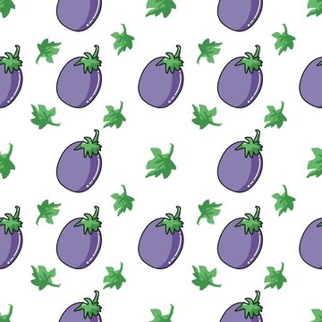 Cute eggplant seamless pattern with green leaves on white background for kitchen, food packaging, fabric and wallpaper.