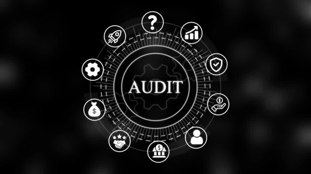Financial audit concept with rotating business and data analytics hud interface accounting compliance