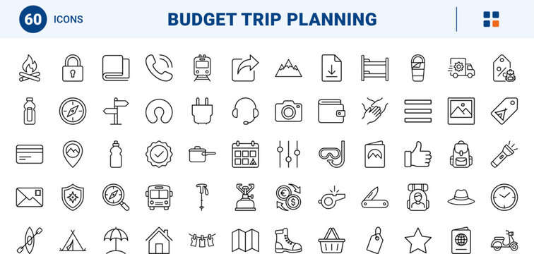 Backpacker travel line icon set. Vector pictograms of budget luggage, outdoor camping gear, hostel booking, and route transport elements, thin linear illustration.