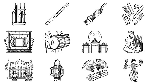 Collection of Traditional Indonesian Musical Instruments and Cultural Elements