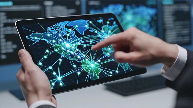 Global digital network connections displayed on tablet with interactive data visualization and world map