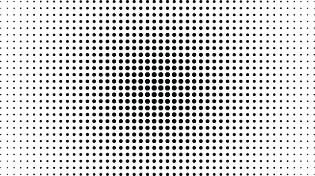Symmetrical halftone pattern with black circular dots on a white background, featuring a central density that fades towards the outer edges area