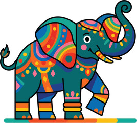 Fototapeta premium Elephant walks joyfully decorated with ornate patterns and festive vivid colors.