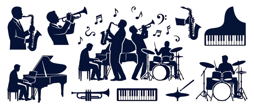 Silhouette Musicians Playing Jazz Instruments and Piano