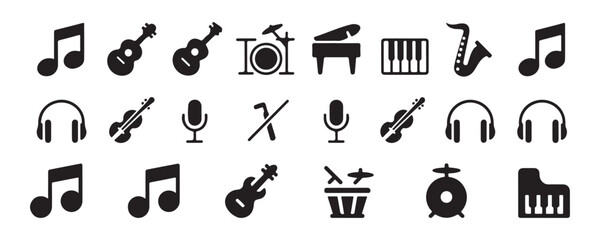 Collection of various musical instruments and symbols icons set black silhouette vector collection. © StockDesign