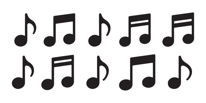 Ten diverse musical notes icons showing rhythmic variations isolated on a checkered dark background.